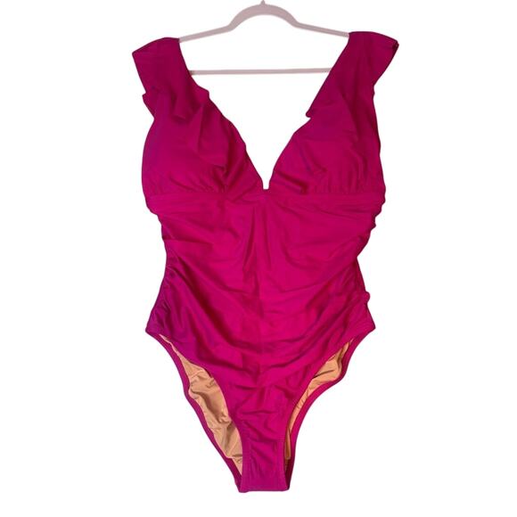 J.Crew Ruched Ruffle One-Piece Swimsuit Pink V-Neck Size 18 NWT - Picture 2 of 4